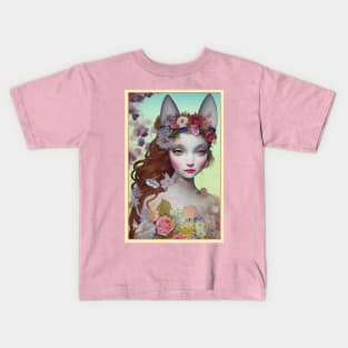 Fantasy art painting of a girl with flowers and ears of a cat Kids T-Shirt